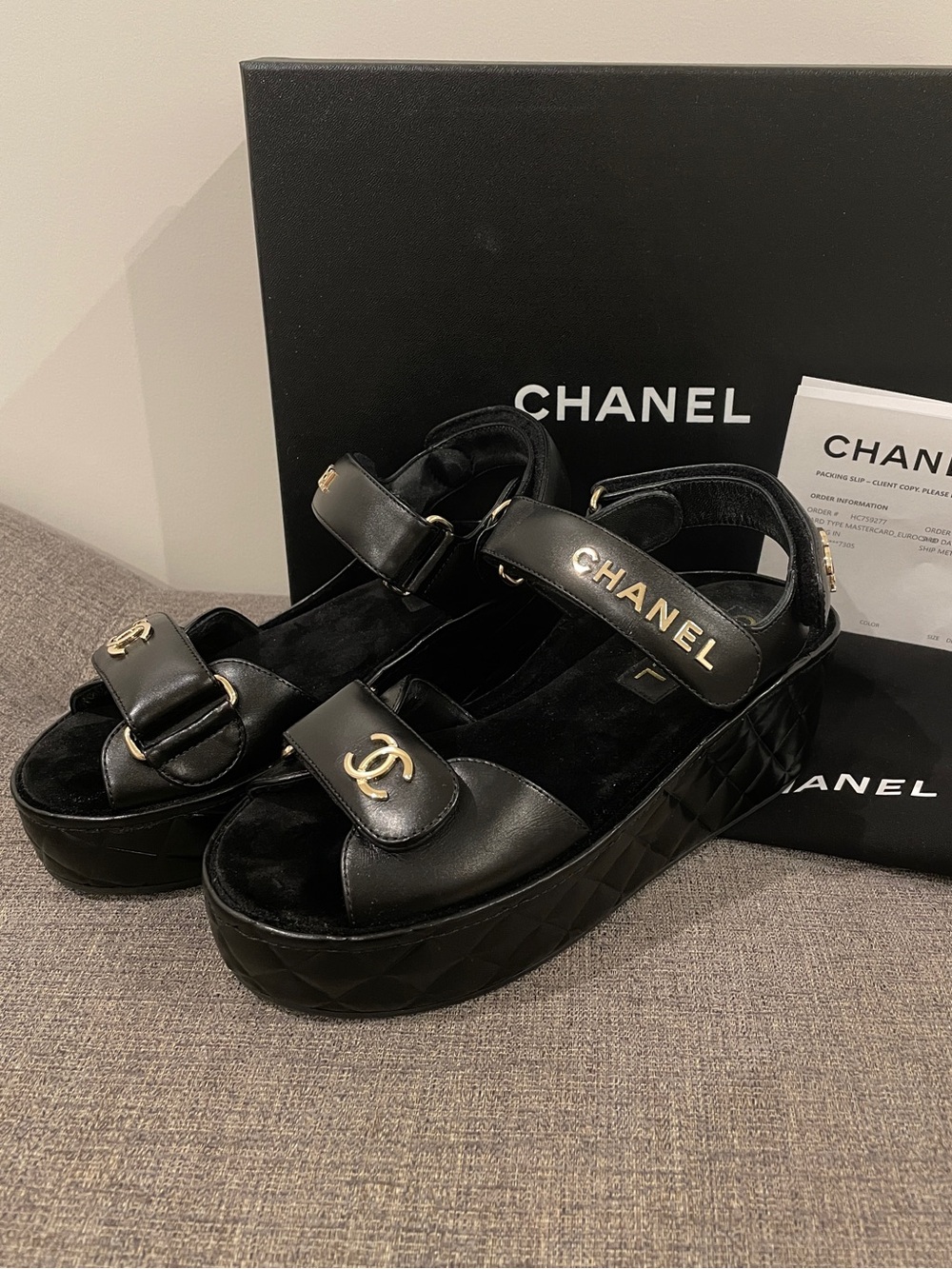 Chanel Black Quilted Platform Dad Sandals - Quilted Leather Wedge Gold CC Logo